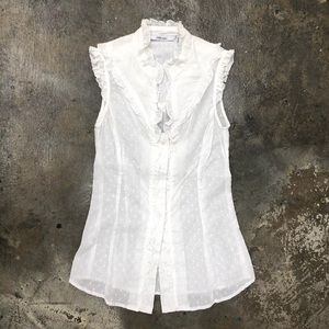 Zara White Ruffle Semi Sheer Button Down